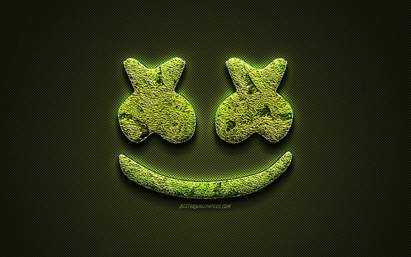 Marshmello logo, green creative logo, American DJ, floral art logo, Marshmello emblem, Christopher Comstock, green carbon fiber texture, Marshmello, creative art, HD wallpaper