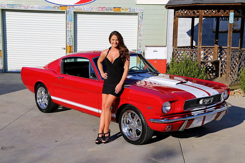 1966 Ford Mustang Fastback 289 and Girl, Ford, Red, Muscle, 289, Fastback, Old-Timer, Mustang, Car, Girl, HD wallpaper