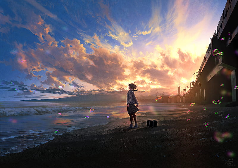 Anime landscape, anime girl, sunset, scream, beach, ocean, clouds, Anime,  HD wallpaper | Peakpx