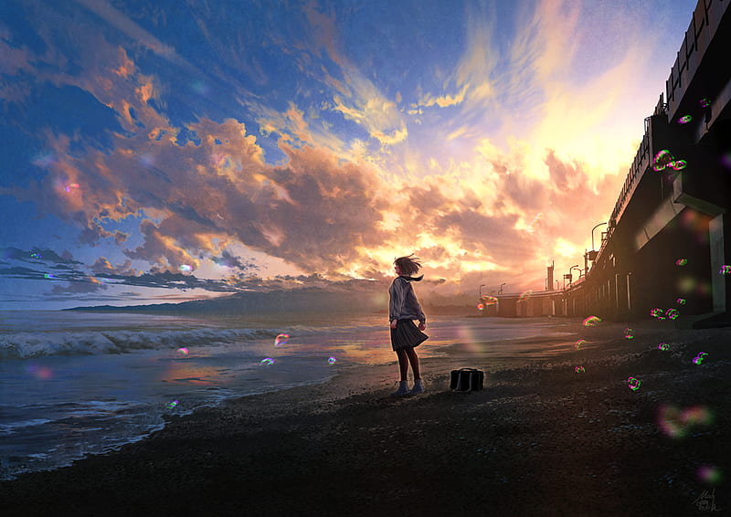 Anime scenery, sunset, anime school girl, clouds, artwork, Anime