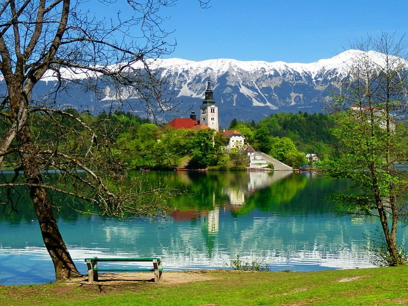 View of lake Bled, bled, pretty, shore, bonito, snowy, Slovenia, mountain, nice, calm, peaks, reflection, quiet, lovely, view, greenery, bench, sky, lake, tree, Europe, serenity, summer, castle, HD wallpaper