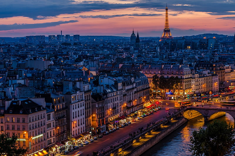 france, paris, eiffel tower, dawn, lights, City, HD wallpaper