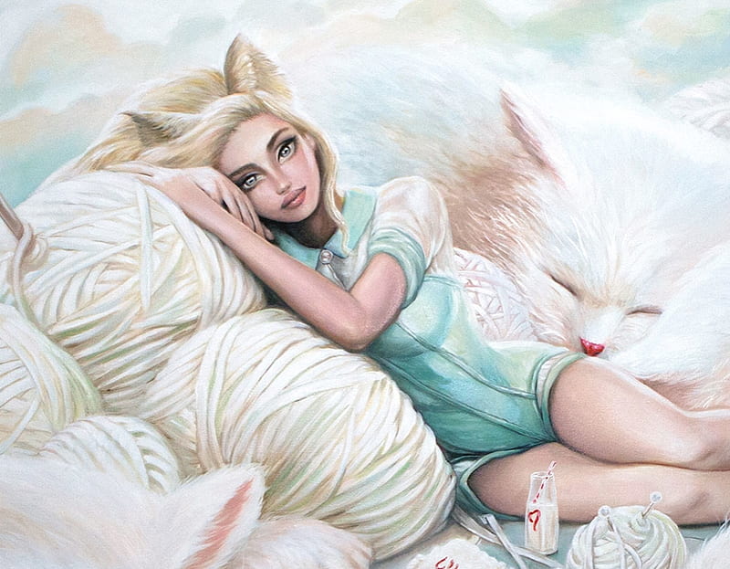 Fox girl, fantasy, sleep, luminos, girl, fox, omri koresh, white, blue, fennec, HD wallpaper