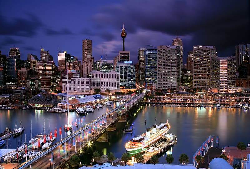 Sea, Night, Sydney, City, Skyscraper, Bridge, Harbor, Australia, , Darling Harbour, South Steyne, HD wallpaper
