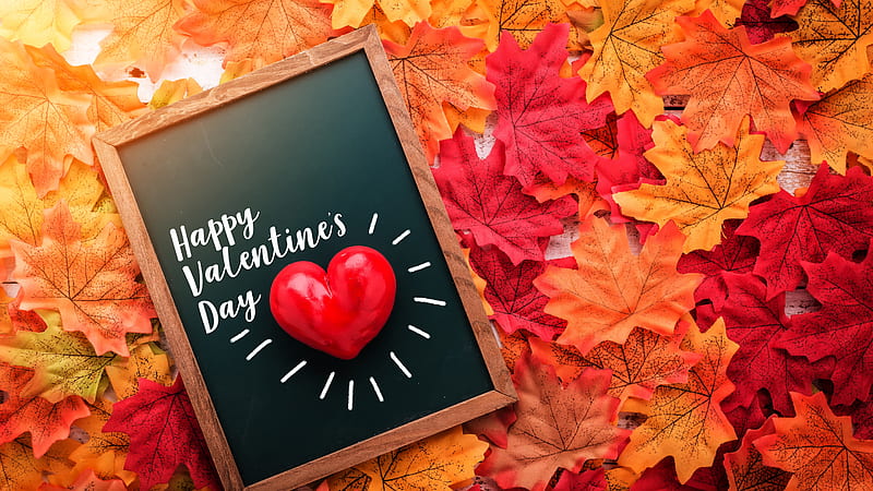 Happy Valentines Day Word Board On Colorful Autumn Leaves Valentines Day, HD wallpaper