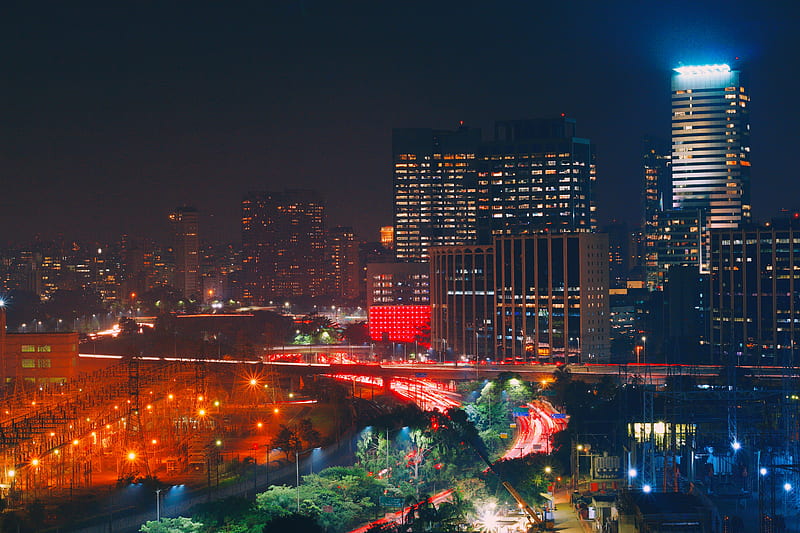 night city, road, long exposure, HD wallpaper
