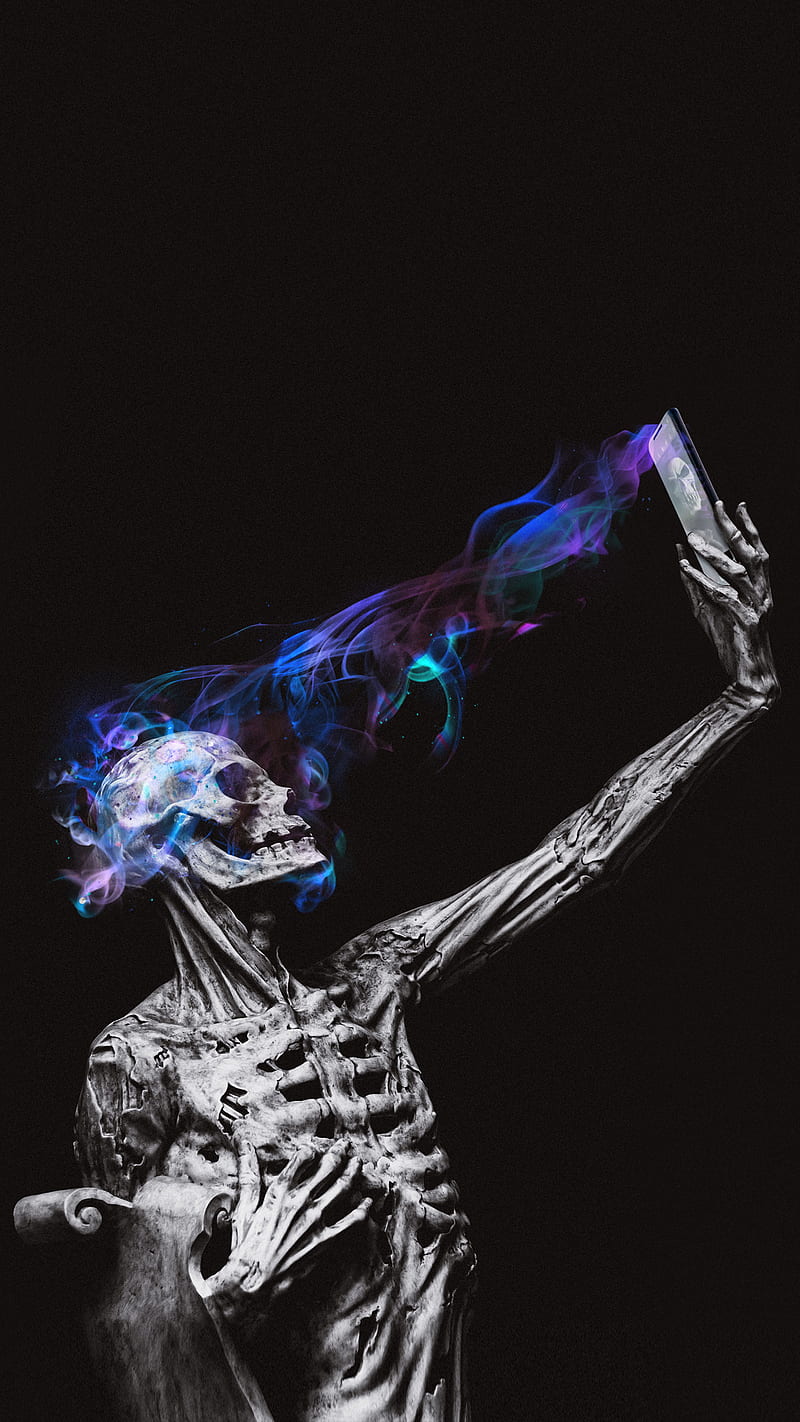 skeleton selfie, Circlestances, dark, death, halloween, horror, purple, selfie, skeleton, trippy, weird, HD phone wallpaper