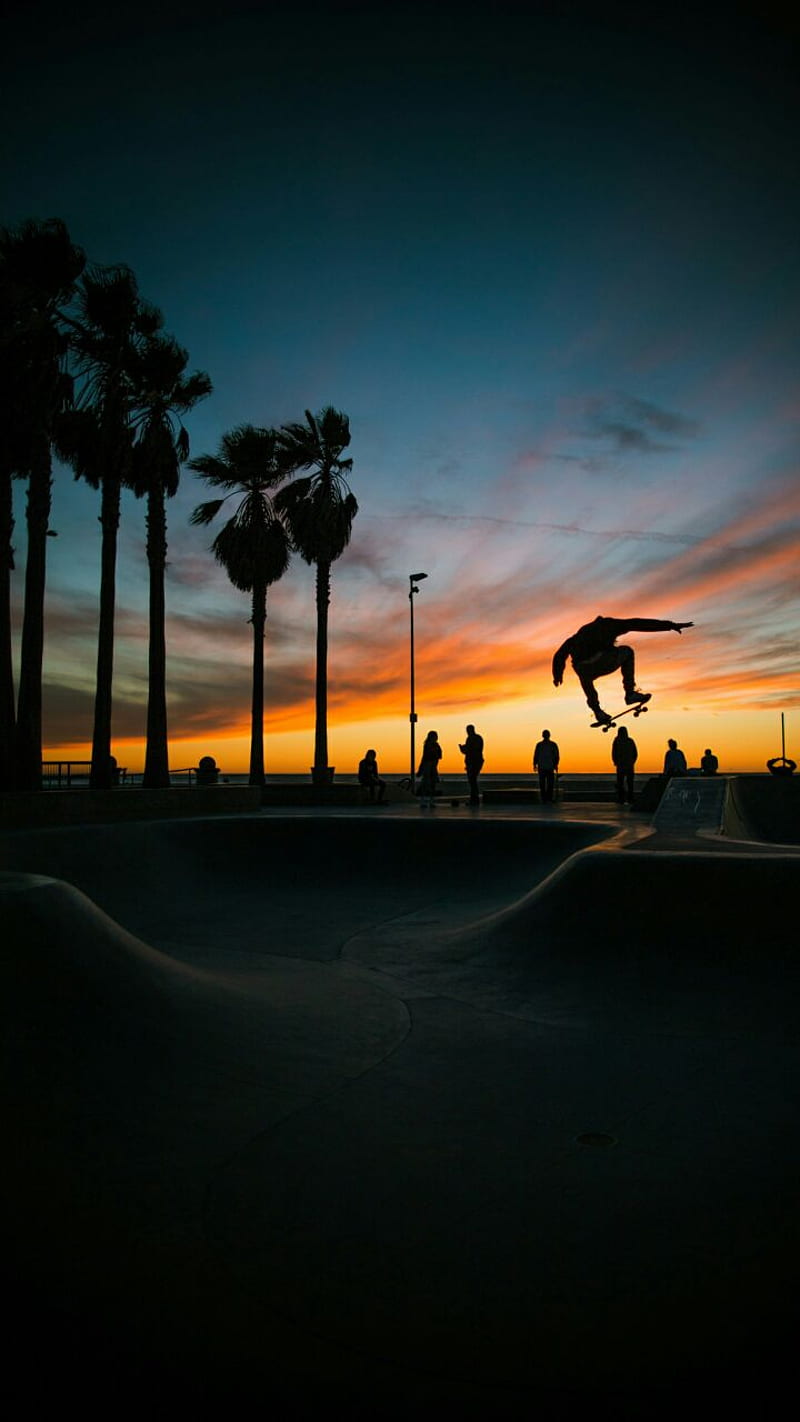 Skate, cityscape, landscape, skater, sunset, HD phone wallpaper