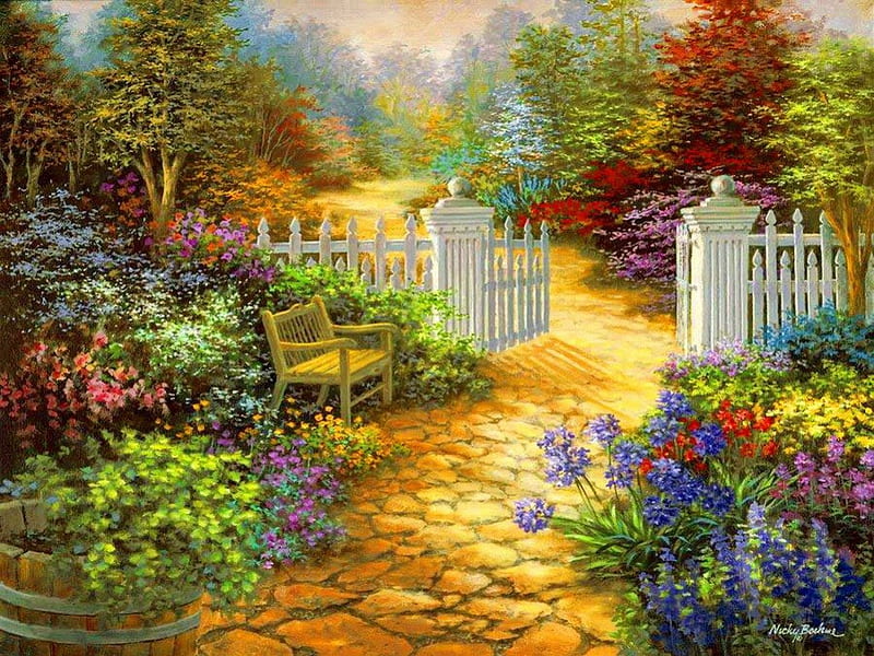 Rest in the garden, fence, pretty, colorful, sunny, bonito, nice, painting, flowers, beauty, gate, rest, quiet, calmness, lovely, relax, spring, park, trees, serenity, paradise, summer, garden, alley, HD wallpaper