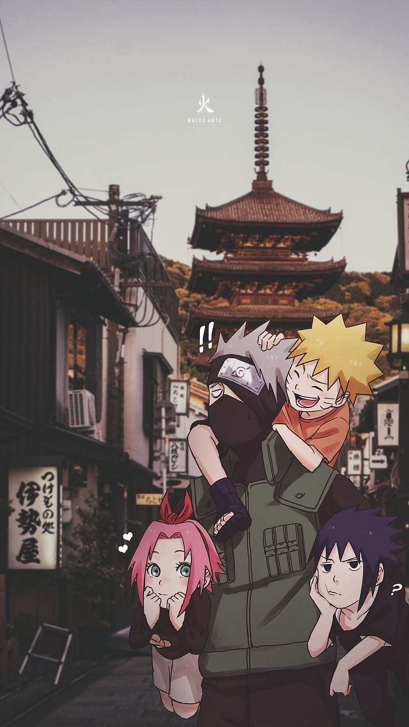 Team 7, anime, cute, japan, kakashi, naruto, naruto shippuden, naruto uzumaki, sakura, sasuke, temple, HD phone wallpaper