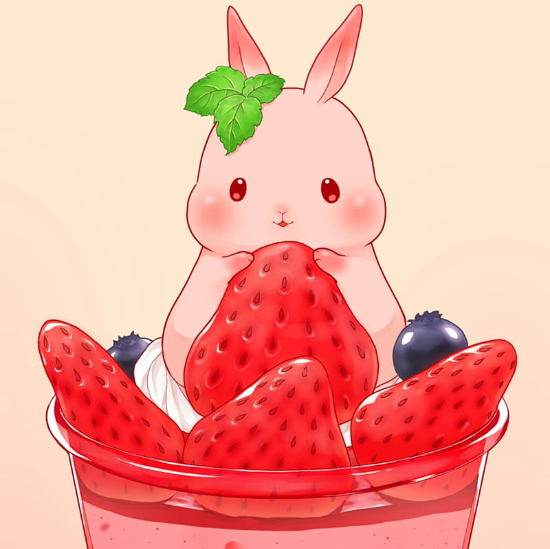 Strawberry Parfait, red, pretty, rabbit, lovely, strawberry, adorable