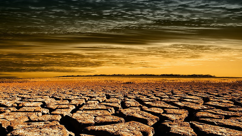 drought cracked fields, sunset, fields, drought, clouds, HD wallpaper