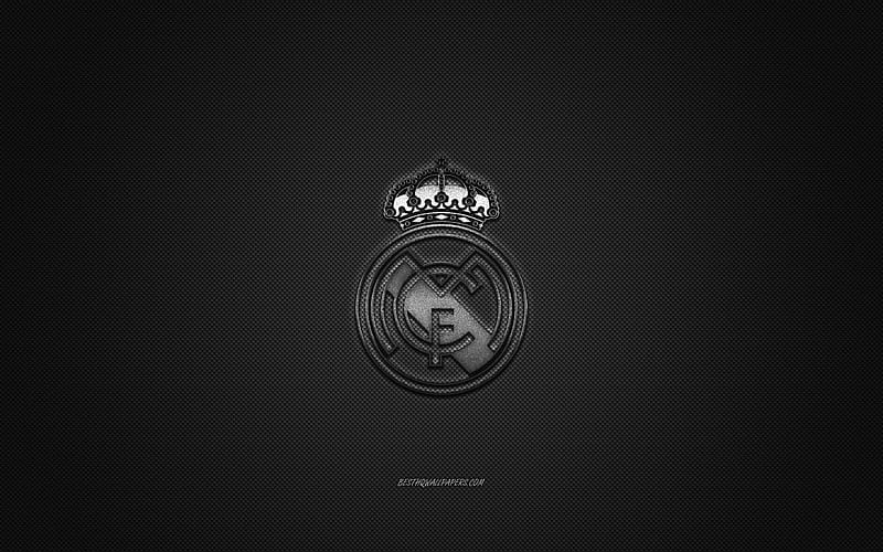Real Madrid CF, Spanish football club, silver metallic logo, gray carbon fiber background, Madrid, Spain, La Liga, football, Real Madrid, HD wallpaper
