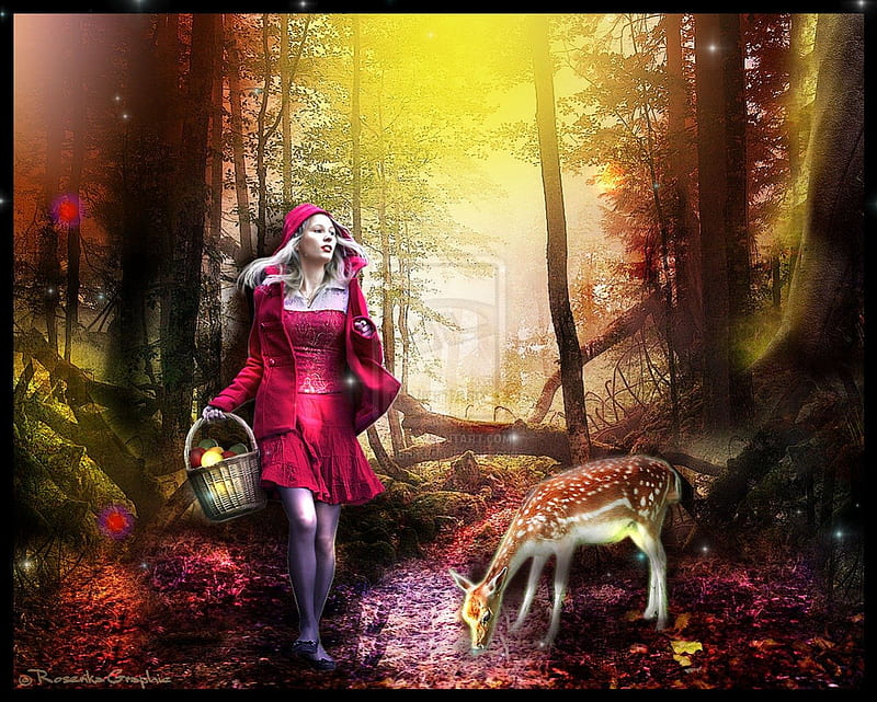 ★The Red Riding Hood★, pretty, wonderful, conceptual, women, sweet, sparkle, fantasy, manipulation, love, emotional, bright, flowers, forests, face, lovely, models, abstract, lips, trees, cool, hop, eyes, red, colorful, riding hood, woods, bonito, digital art, deer, hair, emo, leaves, people, girls, scenery, light, animals, amazing, female, view, colors, butterflies, challenges, hold, basket, magical, HD wallpaper