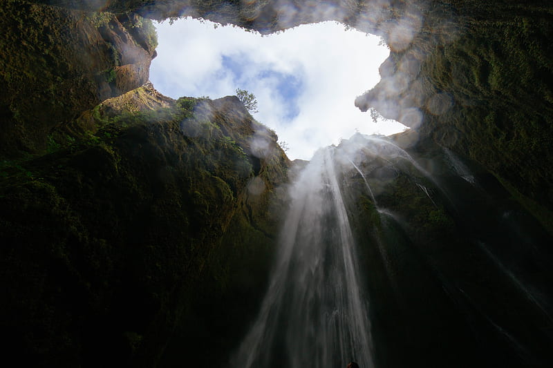 worm's eye view of cave waterfalls, HD wallpaper