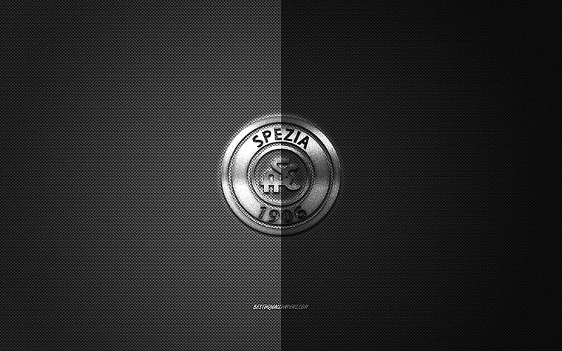 Spezia Calcio, Italian football club, Serie B, black and white logo, black and white carbon fiber background, football, La Spezia, Italy, Spezia Calcio logo, HD wallpaper