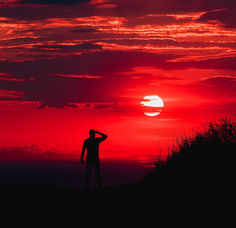 Silhouette Of Man During Red Sun, silhouette, man, sun, nature, HD wallpaper
