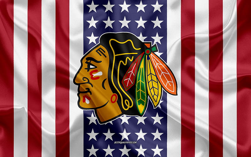 Chicago Blackhawks logo, emblem, silk texture, American flag, American hockey club, NHL, Chicago, Illinois, USA, National Hockey League, ice hockey, silk flag, HD wallpaper