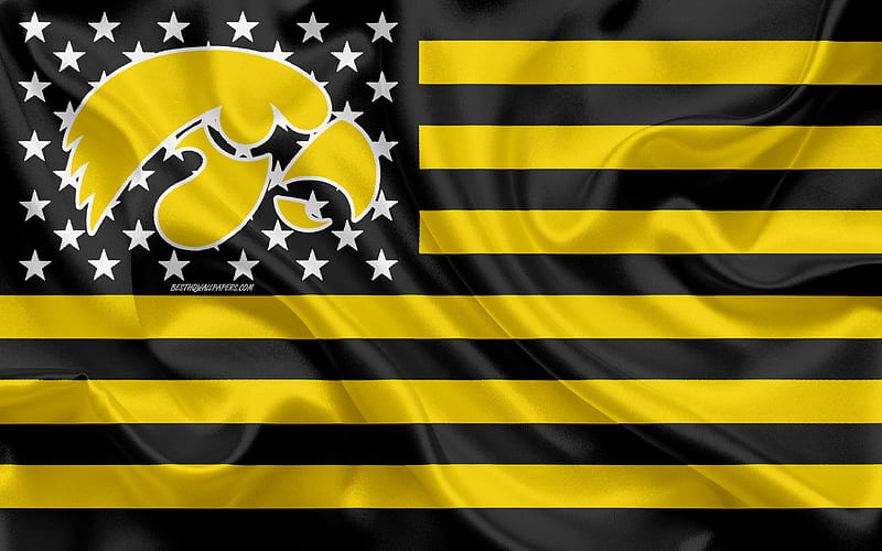 Iowa Hawkeyes, American football team, creative American flag, yellow black flag, NCAA, Iowa City, Iowa, USA, Iowa Hawkeyes logo, emblem, silk flag, American football, University of Iowa Athletics, HD wallpaper