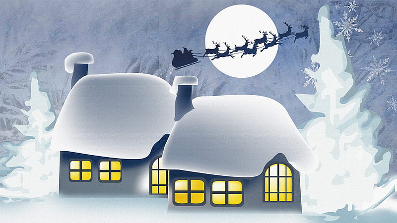 Christmas Eve, sleigh, house, glowing, saint nicholas, firefox persona, trees, sky, winter, cold, windows, santa, snowing, full moon, reindeer, HD wallpaper