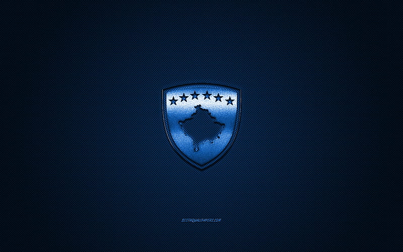 Kosovo national football team, emblem, UEFA, blue logo, blue fiber background, Kosovo football team logo, football, Kosovo, HD wallpaper