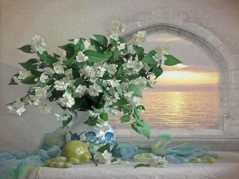 Still life, sun, veil, vase, sunset, magic, sea, grapes, fruit, flowers, beauty, harmony, pear, lovely, view, cloth, peace, water, bouquet, nature, petals, HD wallpaper