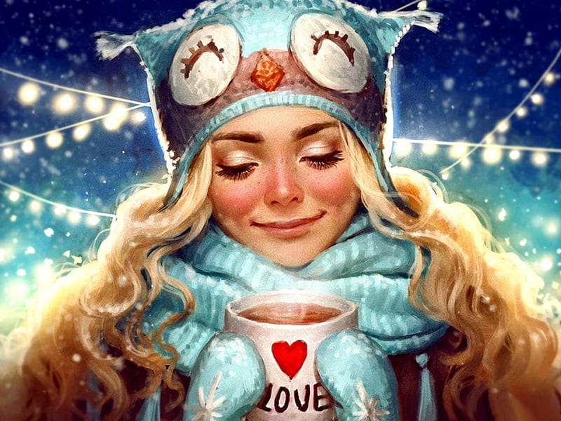 I Love the Holidays, christmas, holiday, blonde, hot chocolate, women, lights, winter, hat, screensaver painting, HD wallpaper