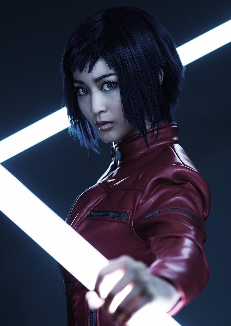 Ghost in the Shell, Ghost in the Shell: ARISE, cosplay, Asian, blue hair, blue eyes, leather, jacket, red, face, Kusanagi Motoko, Kaede Aono, hands, neon, cyborg, women, model, dark hair, smoky eyes, looking at viewer, HD phone wallpaper