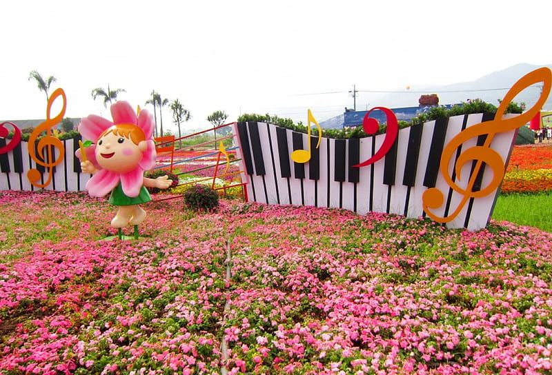 Lovely flower carpet, flower carpet, lovely, kid statue, tour, piano, HD wallpaper