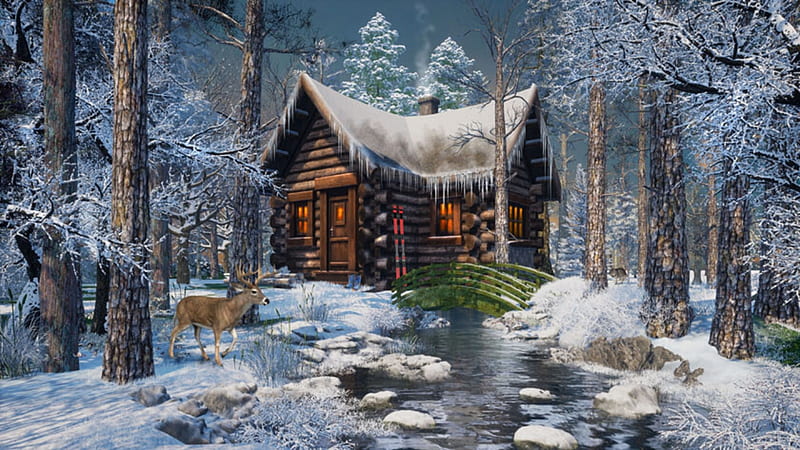 Forest Cabin Retreat, dominic davison, cottage, cabin, iarna, deer, winter, art, forest, painting, pictura, HD wallpaper