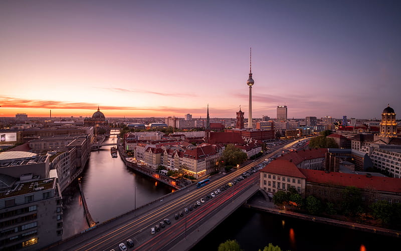 Berlin, German capital, Fernsehturm Berlin, tower, evening, cityscape, sunset, Germany, HD wallpaper