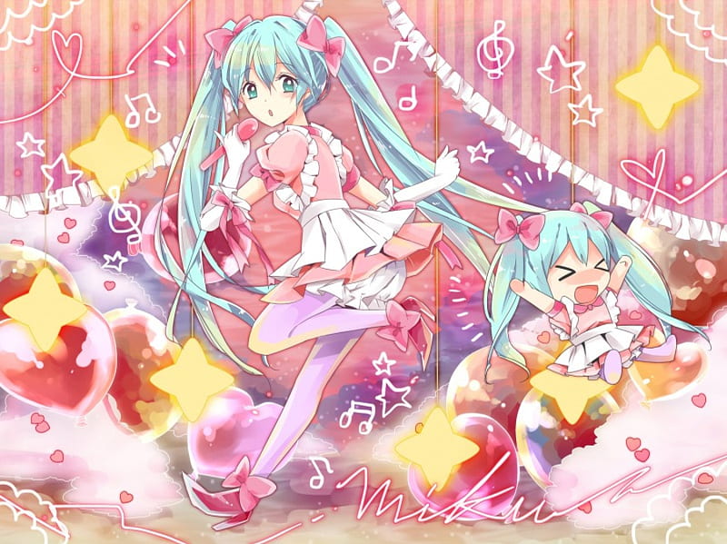 Hatsune Miku, vocaloid, stars, pink outfits, corazones, cute, anime, balloons, musical notes, stage, pink bows, HD wallpaper