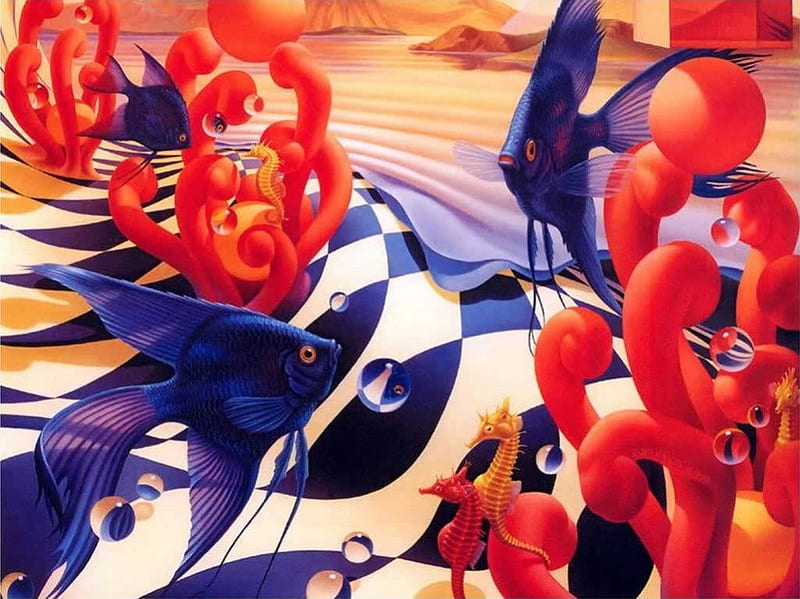 Tropical Illusion, art, sea horse, tropical fish, HD wallpaper