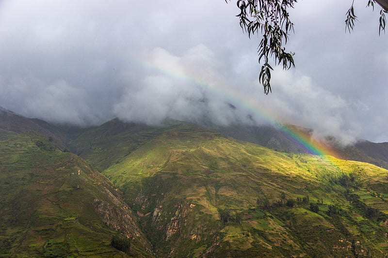 hills, clouds, rainbow, landscape, HD wallpaper