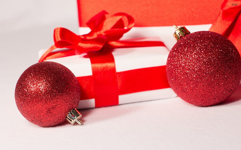 christmas presents with two red baubles, Christmas, Red, Presents, With, Two, Baubles, HD wallpaper
