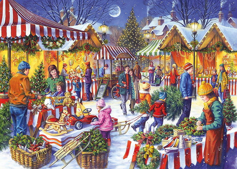 Christmas Fair, red, art, luminos, christmas, tree, fair, green, people, painting, pictura, HD wallpaper