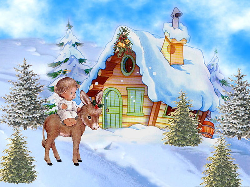 Little Angel of Christmas, donkey, house, christmas, holiday, angel, birds, holly, cabin, trees, winter, snow, evergreens, bells, HD wallpaper