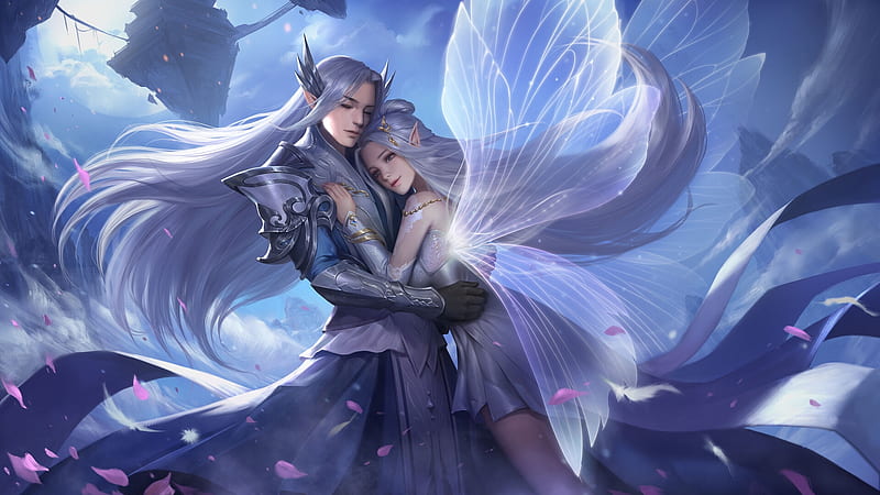 Fantasy couple, frumusete, wings, luminos, yongjie yin, man, superb, lovers, fantasy, butterfly, girl, blue, couple, fairy, gorgeous, HD wallpaper