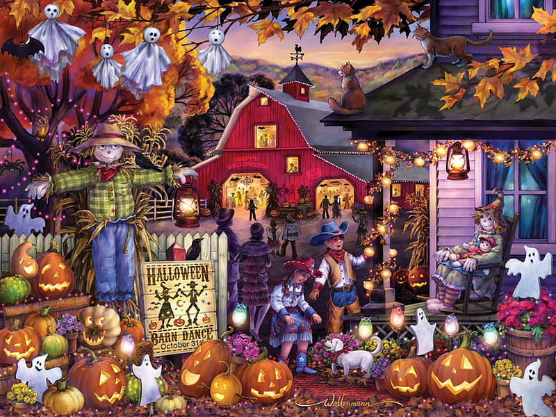 Halloween Barn Dance, ghosts, pumpkins, scarecrow, children, house, cats, HD wallpaper