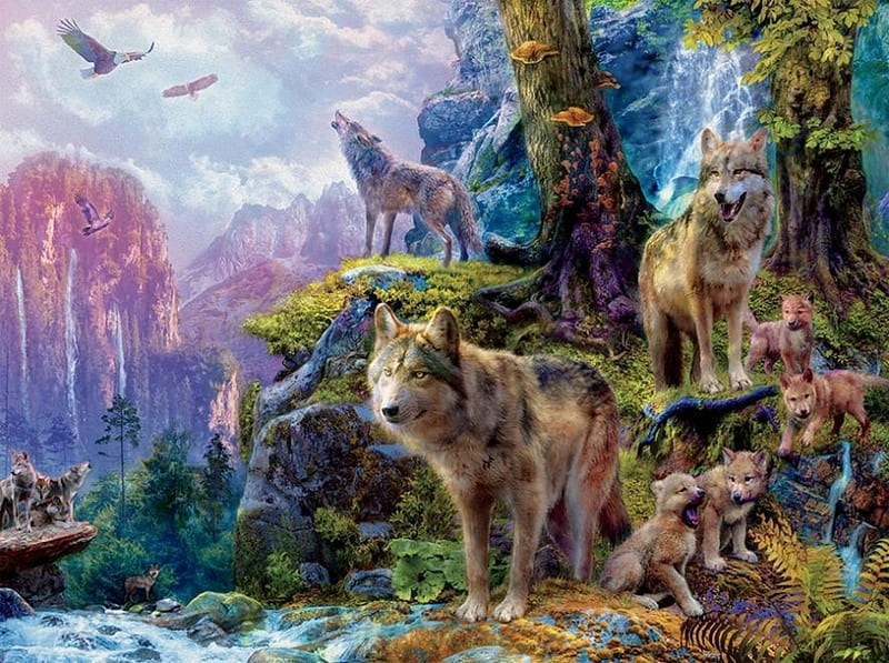 Wolves, family, forest, luminos, cute, lup, cub, anima, wolf, pink, blue, HD wallpaper