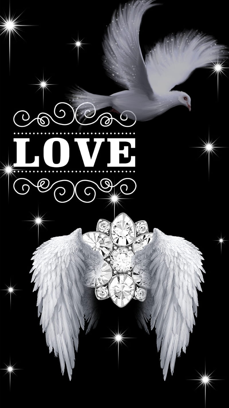 Black and White, angel, black, diamonds, dove, love, night, stars, white, wings, HD phone wallpaper