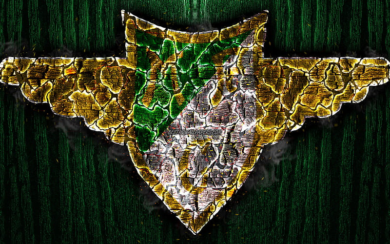 Moreirense, scorched logo, Primeira Liga, green wooden background, portuguese football club, Moreirense FC, grunge, football, soccer, Moreirense logo, fire texture, Portugal, HD wallpaper