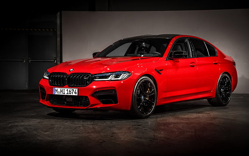 2021, BMW M5 Competition, front view, exterior, new red M5, black wheels, new red BMW 5, German cars, BMW, HD wallpaper