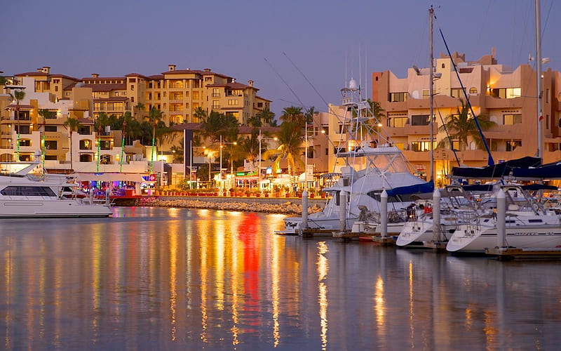 Marina Cabo San Lucas, marina, boats, houses, twilight, reflection, lights, HD wallpaper