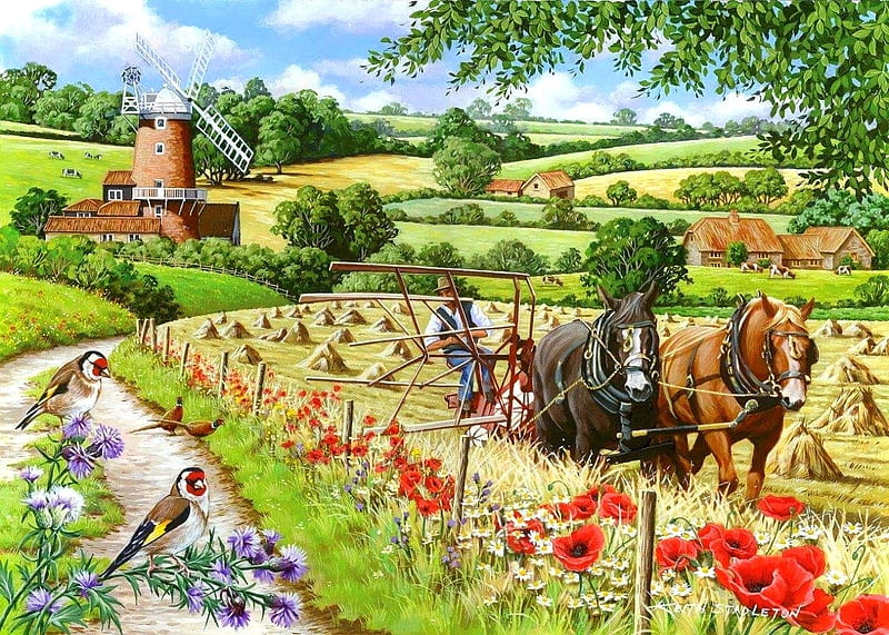 Harvesting, fence, windmill, poppies, birds, la maquina, horse, artwork, painting, flowers, field, cows, HD wallpaper