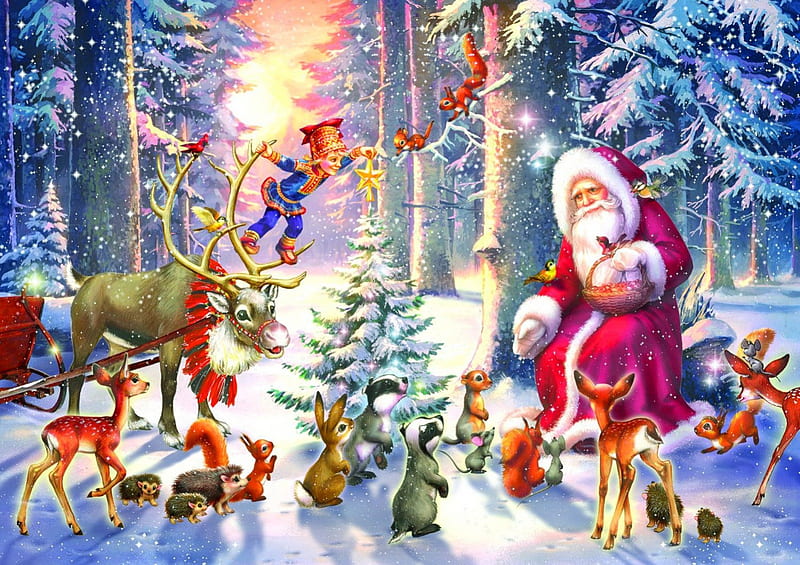 Christmas in the forest, sleigh, pretty, bonito, magic, deer, eve, nice ...
