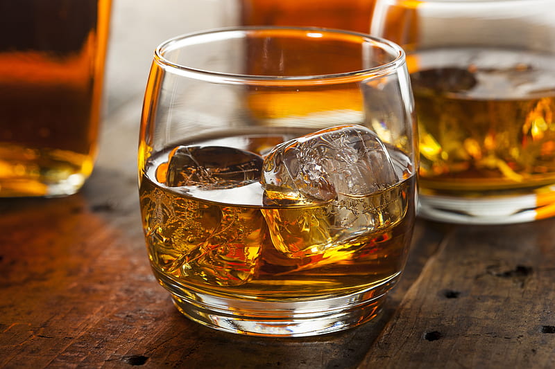 Whiskey, glass, alcohol, ice, drink, beverage, HD wallpaper