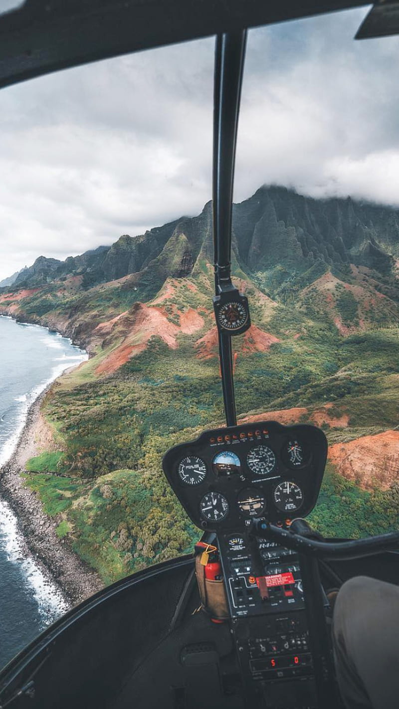 Helicopter views , adventure, cockpit, ocean island, sky, HD phone wallpaper