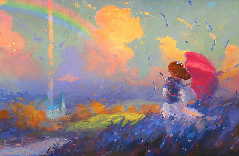 Windy day, red, art, cloud, sylar113, wind, umbrella, yellow, rainbow, sky, storm, speed, girl, painting, flower, blue, HD wallpaper