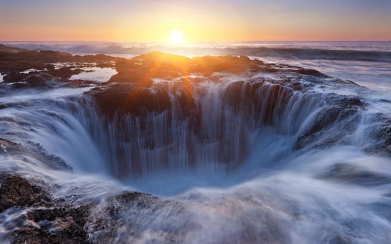 Giant Coastal Waterfall at Sunset, waterfall, sunset, ocean, sea, HD ...